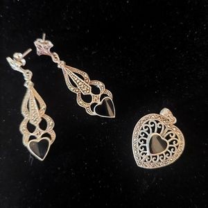 Vintage Sterling onyx and marcasite art deco earrings and pendant